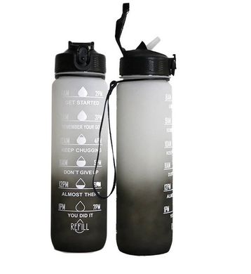 Мотивационная бутылка для воды 1л со временем, без BPA, Tritan фитнес, спорт, прогулка black white