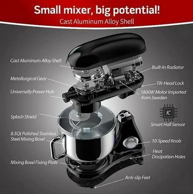 Планетарный миксер тестомес 1800Вт чаша 8л COOKDEYI SM 1522NM black
