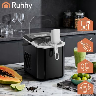 Ледогенератор Ruhhy 27708 1.2 л 12 кг/сутки, генератор льда с компрессором, 2 размера льда, цикл 6-13 мин для дома и офиса