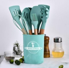 Силиконовый кухонный набор принадлежностей Kitchen & Dining 12 предметов (дерево+силикон) бирюзовый