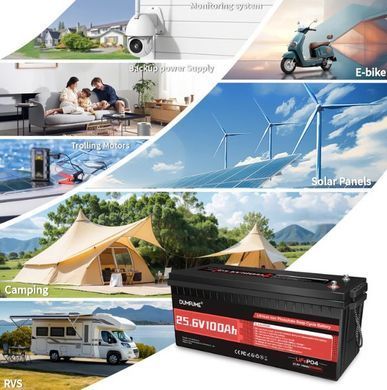 Акумулятор LiFePO4 DUMFUME 25.6V 100Ah 2560Wh, 24V Deep Cycle, для інвертора та сонячних систем