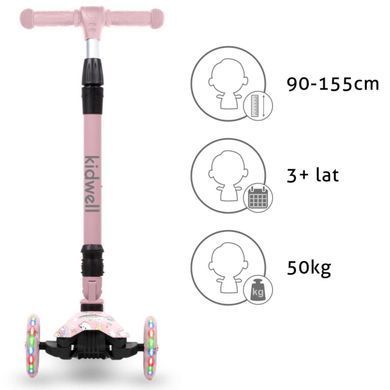 Детский трехколесный самокат Kidwell VENTO Unicorn складной со светящимися LED колесами, регулируемым рулем и нагрузкой до 50 кг