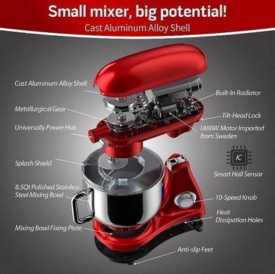 Планетарний міксер тістоміс 1800Вт чаша 8л COOKDEYI SM 1522NM red