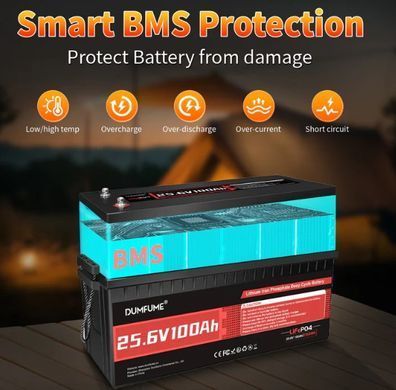 Акумулятор LiFePO4 DUMFUME 25.6V 100Ah 2560Wh, 24V Deep Cycle, для інвертора та сонячних систем