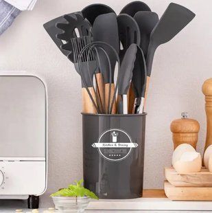 Силиконовый кухонный набор принадлежностей Kitchen & Dining 12 предметов (дерево+силикон) графитовый