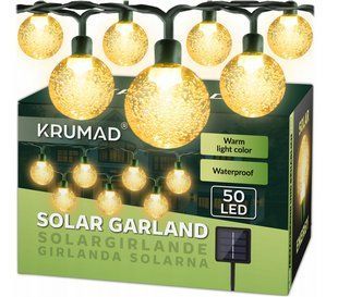 Гірлянда сонячна садова 50 LED, IP65, 7м, теплий світло, водостійка для саду, балкону, тераси OldBro