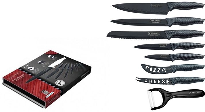 Набір кухонних ножів Royalty Line RL-CB7 з антипригарним покриттям ручка Carbon та керамічною овочечисткою