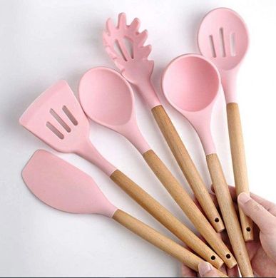 Силиконовый кухонный набор принадлежностей Kitchen & Dining 12 предметов (дерево+силикон) розовый