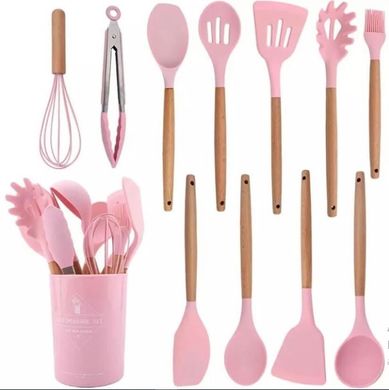 Силиконовый кухонный набор принадлежностей Kitchen & Dining 12 предметов (дерево+силикон) розовый
