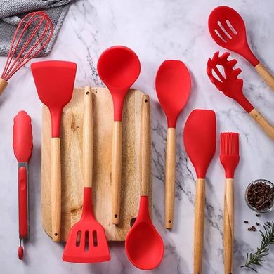 Силіконовий кухонний набір приладдя Kitchen & Dining 12 предметів (дерево+силікон) червоний