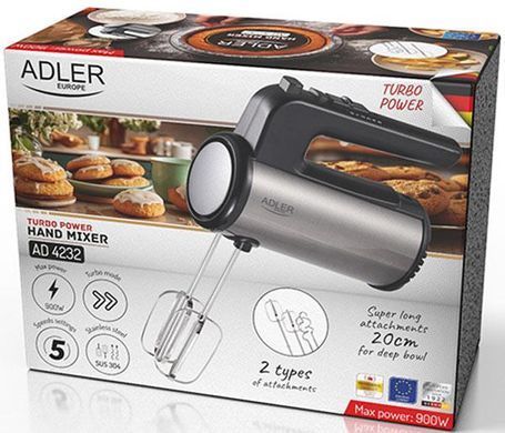 Миксер ручной кухонный Adler AD 4232 900 Вт с турборежимом, венчиками и крючками для теста
