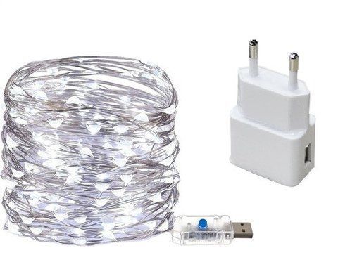 Гирлянда 200 led нить длина 20м c USB для 5v, под powerbank + блок, white