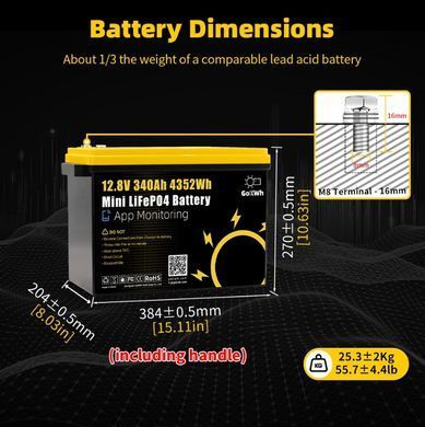 Акумулятор LiFePO4 GoKWh 12,8V 340Ah з Bluetooth 5.0 та BMS для резервного живлення будинку, інвертора, ДБЖ
