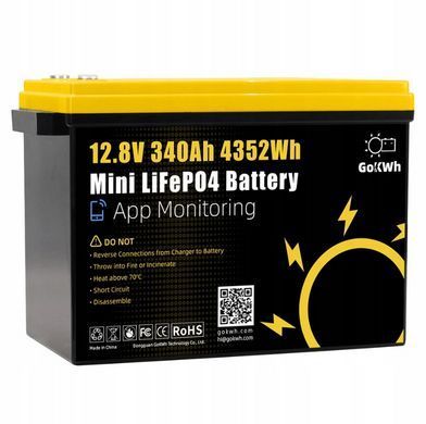Акумулятор LiFePO4 GoKWh 12,8V 340Ah з Bluetooth 5.0 та BMS для резервного живлення будинку, інвертора, ДБЖ