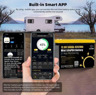 Акумулятор LiFePO4 GoKWh 12,8V 340Ah з Bluetooth 5.0 та BMS для резервного живлення будинку, інвертора, ДБЖ