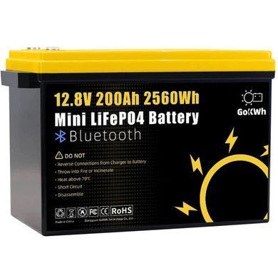 Акумулятор LiFePO4 GoKWh 12,8V 200Ah з BMS та Bluetooth 5.0, літій-залізо-фосфатна батарея для інвертора, ДБЖ, сонячних систем