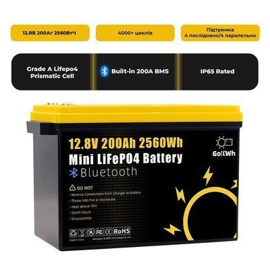 Акумулятор LiFePO4 GoKWh 12,8V 200Ah з BMS та Bluetooth 5.0, літій-залізо-фосфатна батарея для інвертора, ДБЖ, сонячних систем