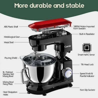 Металлический миксер тестомес 9л Camic SM-1571N 1800Вт Black Red