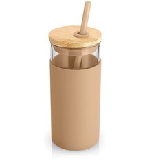 Стеклянная бутылка с силиконом 20oz/550мл с бамбуковой трубочкой beige