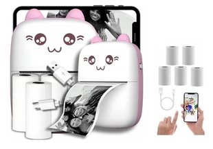 Портативний термопринтер Bambi Cat Mini printer Pink+5 рулонів термопаперу