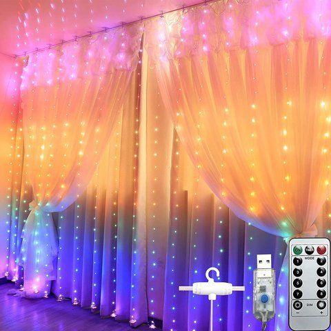 Гирлянда штора Капля Росы Радуга 3&times;3 м, 300 LED, USB, пульт, 8 режимов, с крючками для крепления
