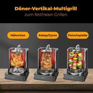 Электрошашлычница Clatronic DVG 3686, 1400 Вт, вертикальный гриль 3 в 1, шашлык, шаурма, 6 шампуров, до 2.5 кг