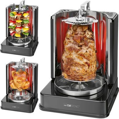 Электрошашлычница Clatronic DVG 3686, 1400 Вт, вертикальный гриль 3 в 1, шашлык, шаурма, 6 шампуров, до 2.5 кг