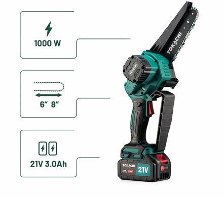Аккумуляторная цепная мини-пила Tokachi Drakkar 35 2xACU, 6+8", 21V 3Ah, бесщеточный мотор, 35 м/с, регулировк
