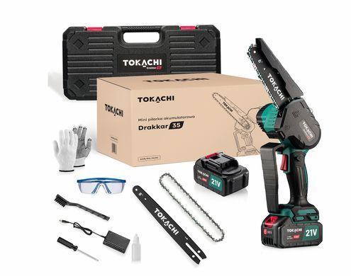 Аккумуляторная цепная мини-пила Tokachi Drakkar 35 2xACU, 6+8", 21V 3Ah, бесщеточный мотор, 35 м/с, регулировк