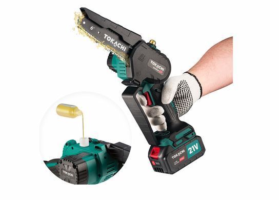 Аккумуляторная цепная мини-пила Tokachi Drakkar 35 2xACU, 6+8", 21V 3Ah, бесщеточный мотор, 35 м/с, регулировк