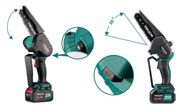 Аккумуляторная цепная мини-пила Tokachi Drakkar 35 2xACU, 6+8", 21V 3Ah, бесщеточный мотор, 35 м/с, регулировк