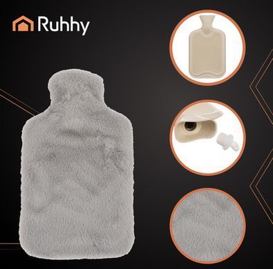 Гумова грілка з плюшевим чохлом Ruhhy 26383, 1.8 л, Bunny, сірий/бежевий &mdash; тепло для тіла до 3 годин