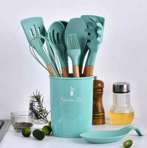 Кухонный набор Silikone Kitchen Set мятный из силикона с бамбуковой ручкой из 12 предметов